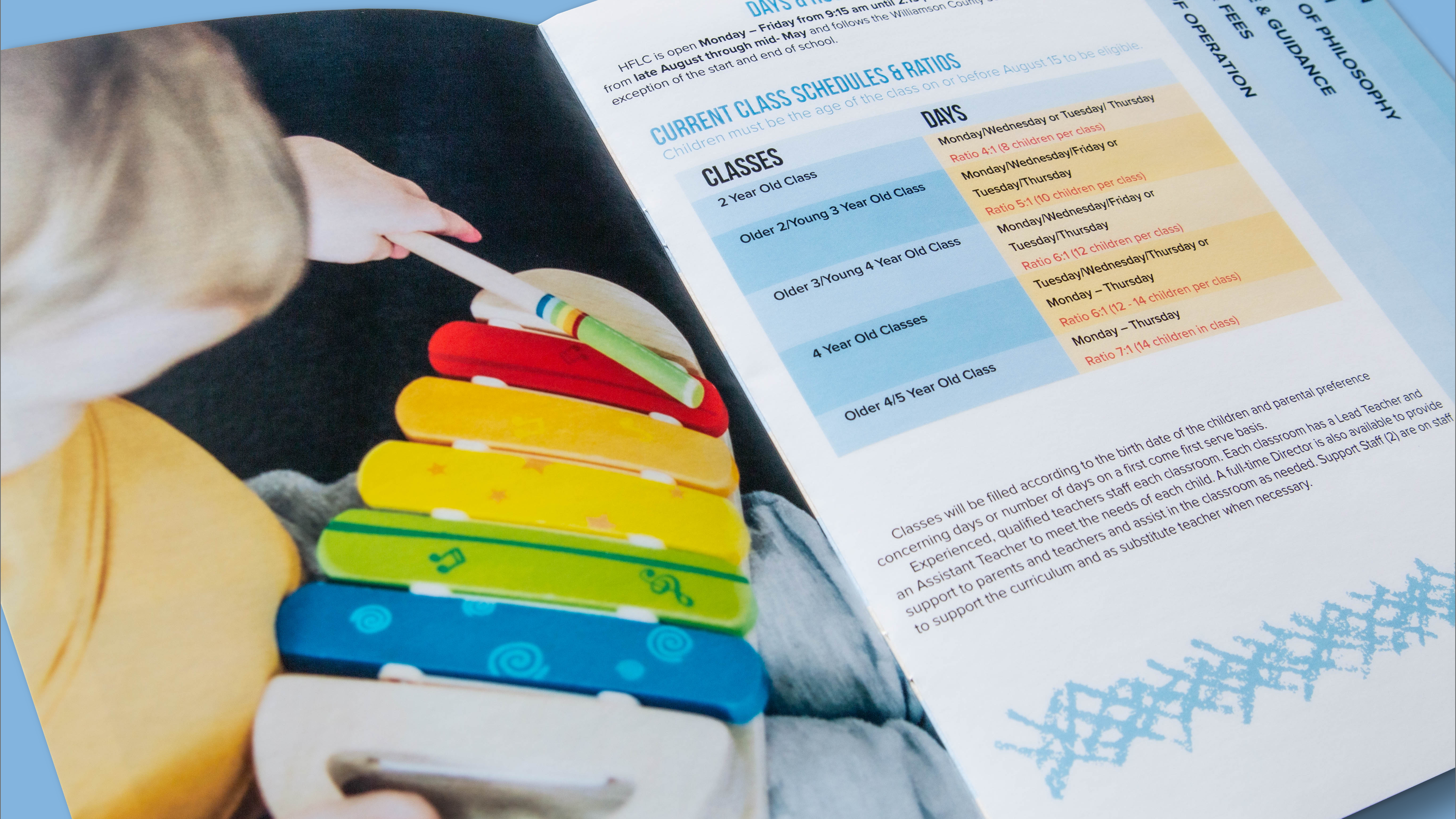 Closeup of hours of operation page with branded graph in tabbed brochure