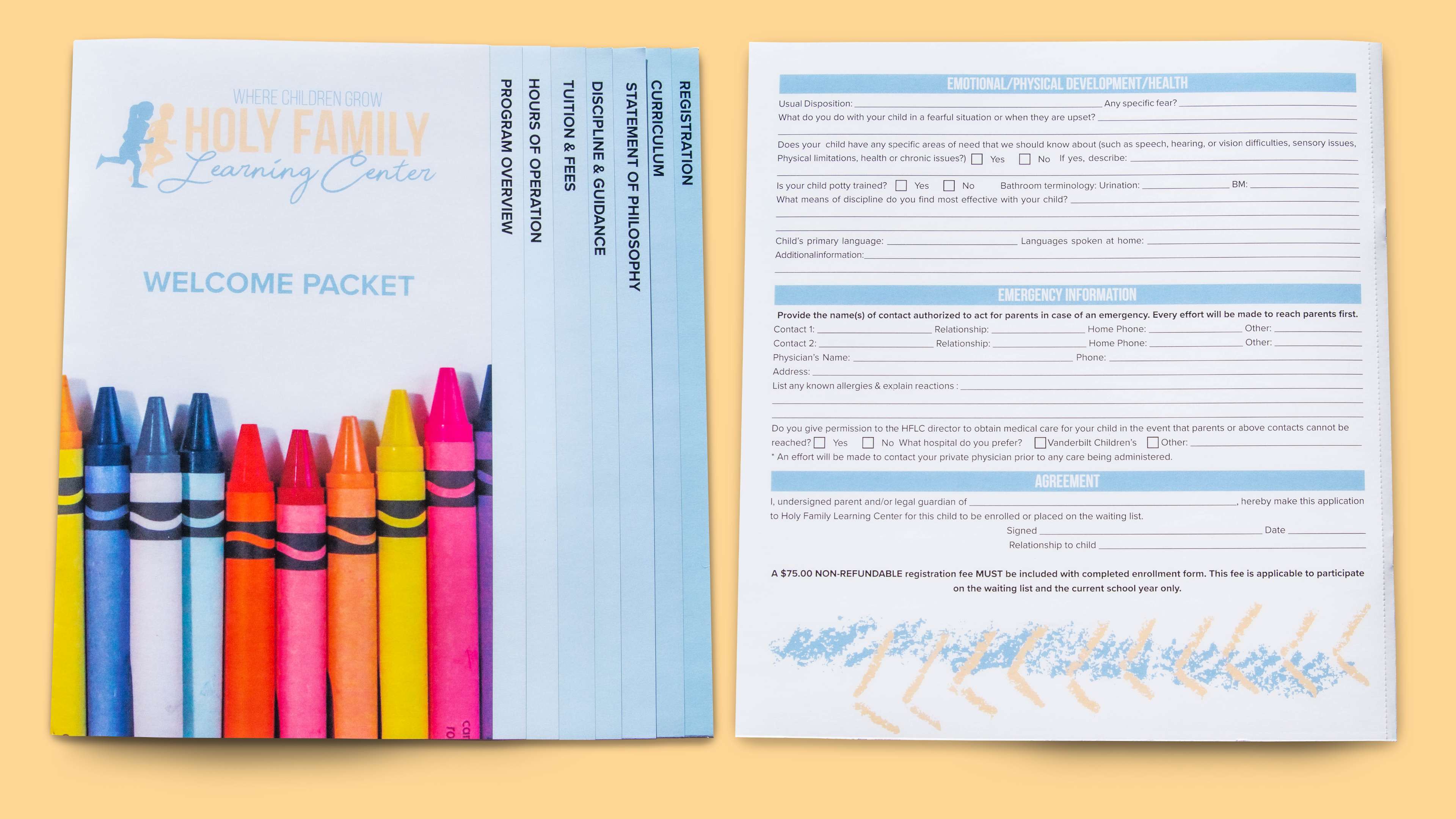 The front and back of the tabbed brochure with front cover and back perforated page registration