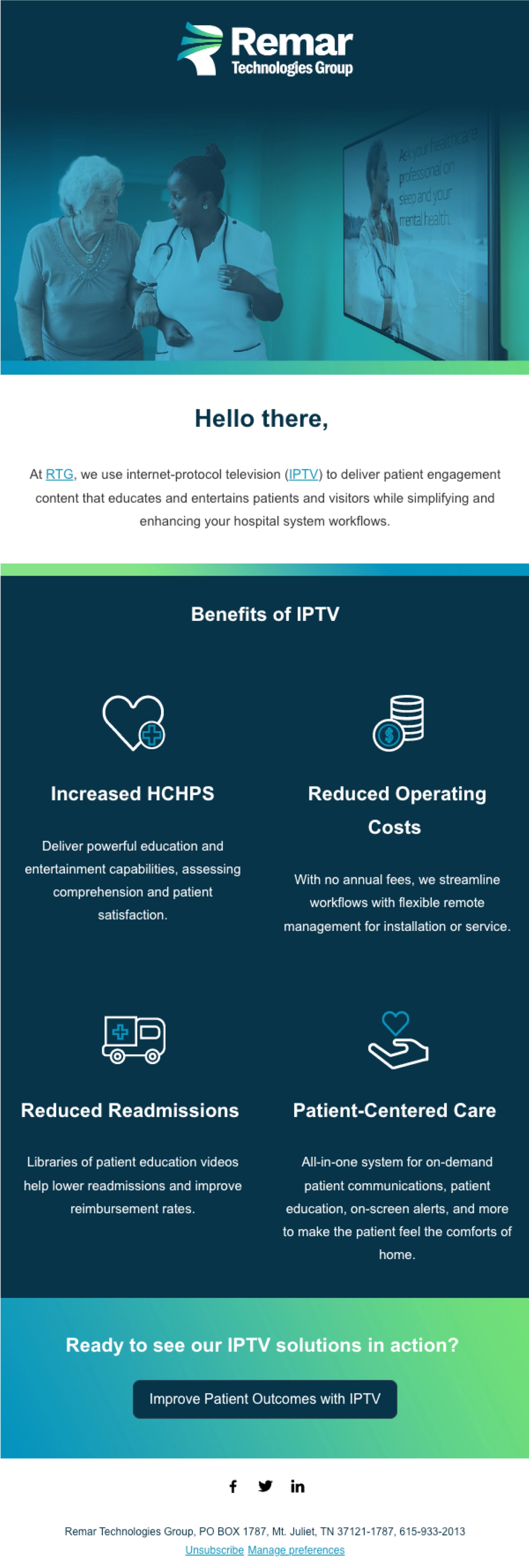 Remar Technologies Group Benefits of IPTV email design