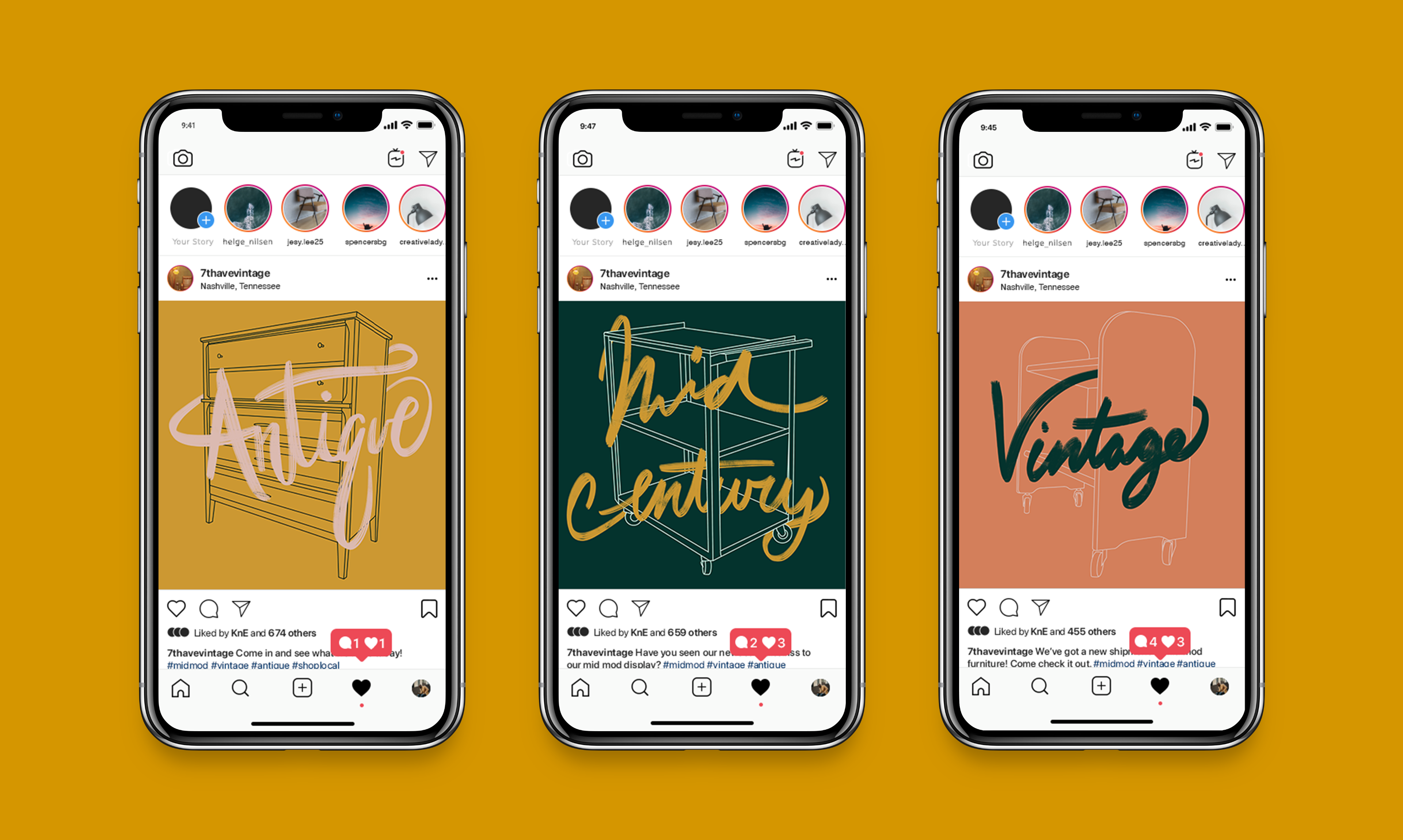 Three Instagram posts for a vintage store with hand-lettered script around illustrations of vintage furniture