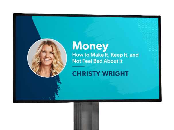 A screen with a slide from Christy Wright’s Money talk