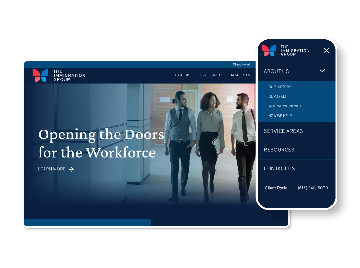 The Immigration Group homepage on desktop and mobile